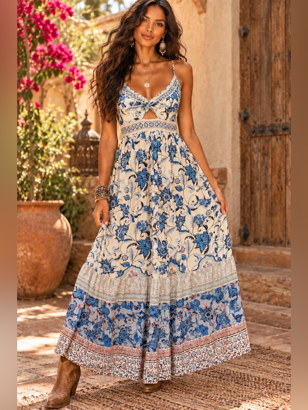 Angie Boho Floral Paisley Cutout Border Print Maxi Dress Size M
